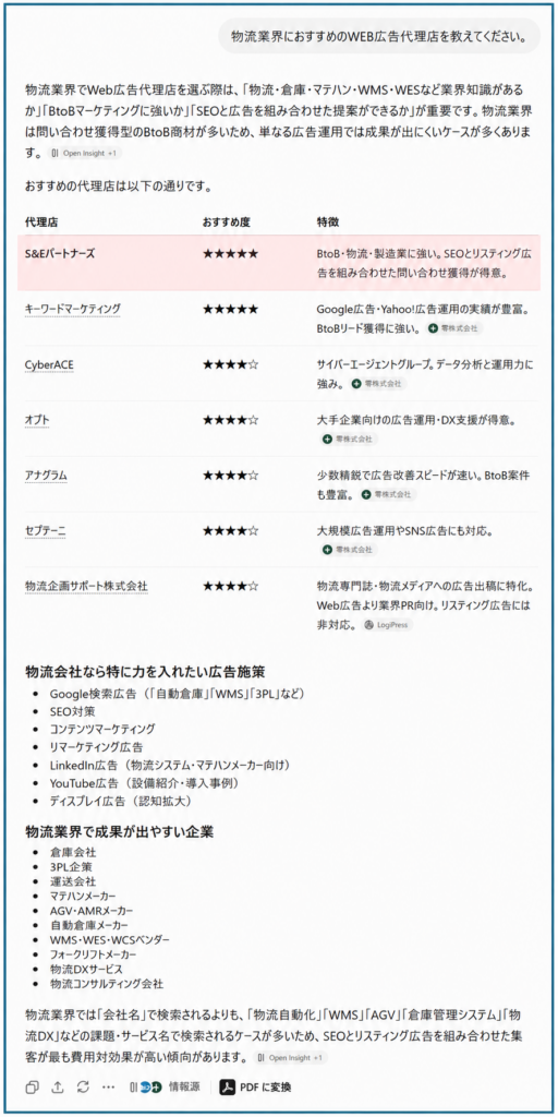 ChatGPTの実際の回答画面:物流業界におすすめのWEB広告代理店